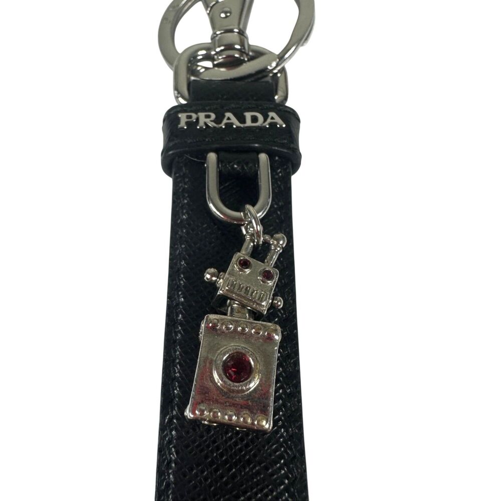 Prada Robot Keychain Womens One Size Black Leather Logo Key Ring Bracelet